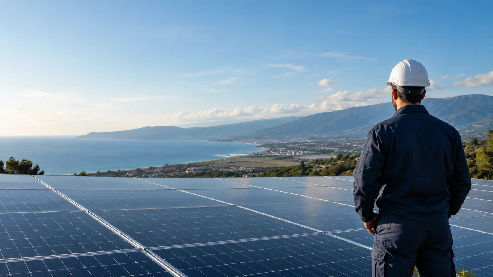 Visual illustrativo generato: tecnico di spalle, pannelli fotovoltaici e costa. Non documenta personale o cantieri reali.